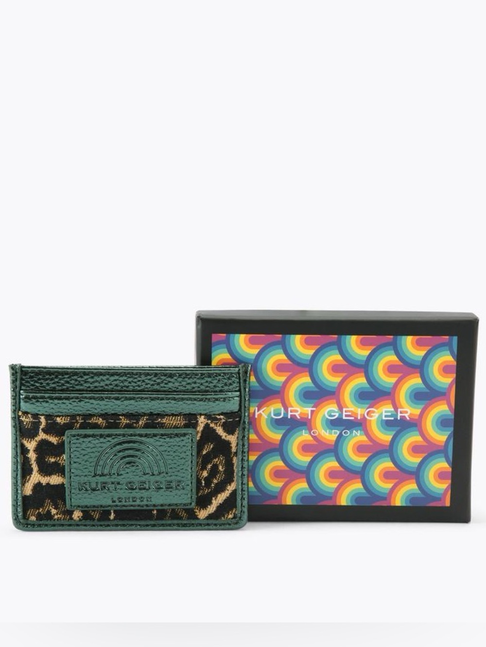 NWT Kurt Geiger London Leopard Metallic Green Leather Card Holder Wallet Boxed